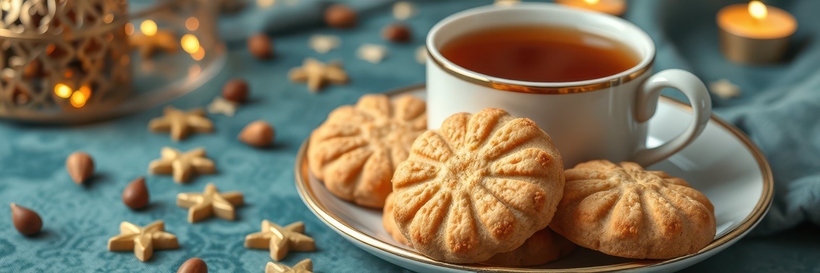 Warm cup of tea alongside freshly baked cookies and cozy decorations in a softly lit setting